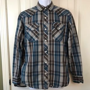 Fossil blue and brown plaid pearl snap shirt